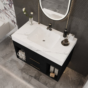 English Elm 29.9" Floating Bathroom Vanity Sintered Stone Top Soft Close Drawers Bronze Gold Hardware W3136S00038