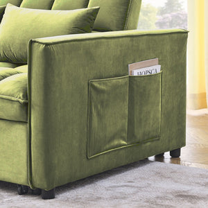 English Elm Sleeper Velvet Convertible Sofa Bed 3-in-1 Recliner 2-Seater Sectional with Pillows & Side Pockets Green W1853P255670