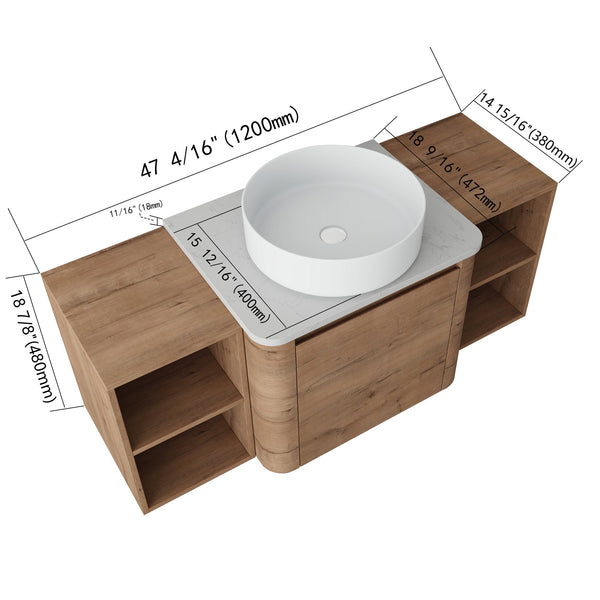 English Elm 48'' Wall-Mounted Bathroom Vanity With Elegant Ceramic Sink, Soft-Close Door & Dual Storage Shelves W999S00408