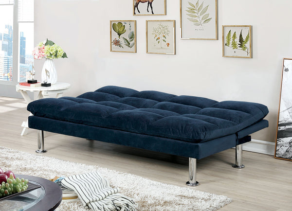 English Elm Contemporary Microfiber Futon Sofa Converts to Bed with Chrome Legs, Compact Space-Saving Design, Durable Upholstery Navy 40 L x 67 W x 8 H B2741P363788