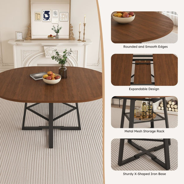 English Elm 47 Inch Extendable Round Dining Table Walnut Finish Seats 8 with Wire Grid Shelf W2700P385520