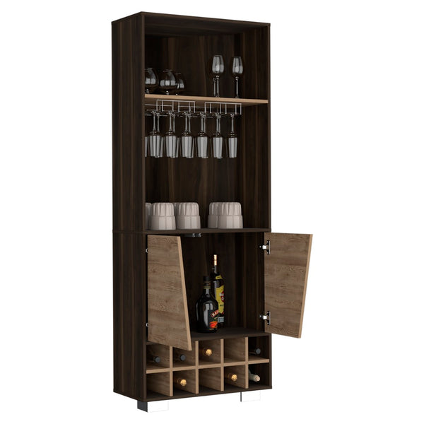 English Elm Fraktal Corner Bar Cabinet with Wine Rack Open Shelves Dark Oak Pine Wood B200S00407