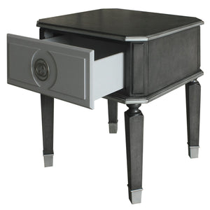 English Elm Charcoal End Table with 1 Drawer, 2/3 Glide, Silver Trim & Tapered Legs — Stylish Storage Accent B062P185733