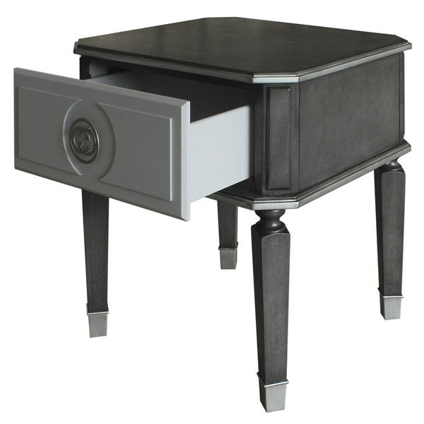 English Elm Charcoal End Table with 1 Drawer, 2/3 Glide, Silver Trim & Tapered Legs — Stylish Storage Accent B062P185733