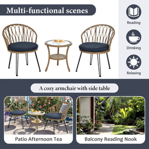 English Elm U_STYLE 2-Piece Rattan Patio Bistro Set with Tempered Glass Table and Plush Polyester Cushions for Outdoor Comfort Dark Blue N711P256422V