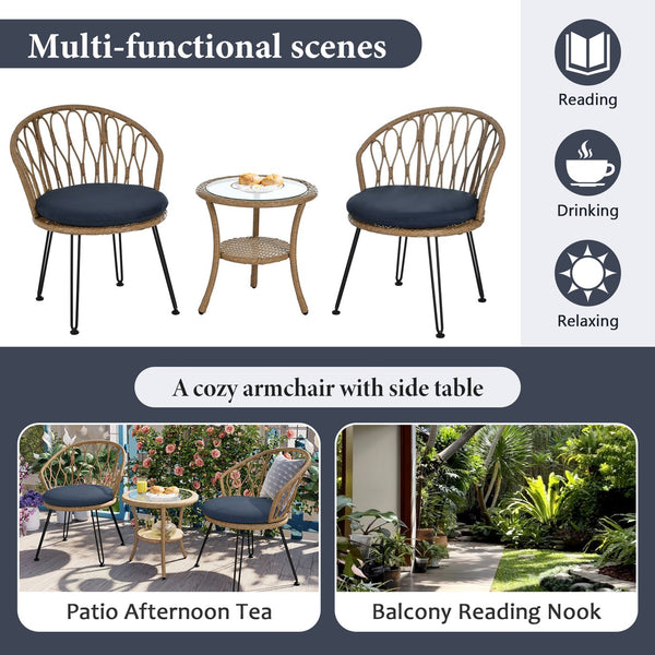 English Elm U_STYLE 2-Piece Rattan Patio Bistro Set with Tempered Glass Table and Plush Polyester Cushions for Outdoor Comfort Dark Blue N711P256422V