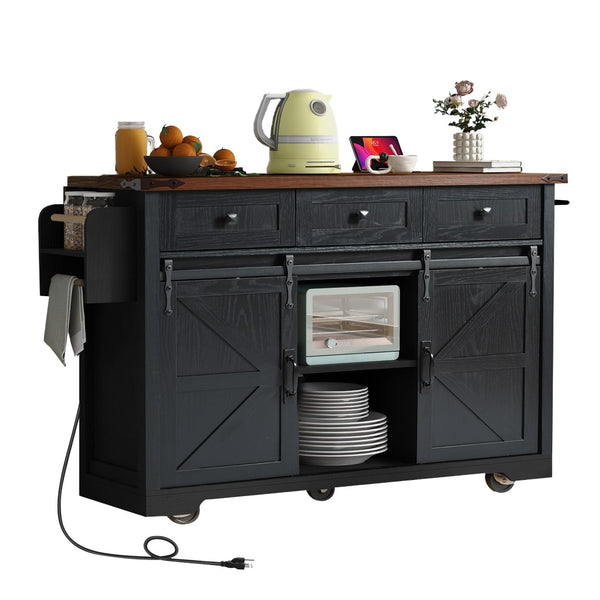 English Elm K&k Farmhouse Rolling Kitchen Island with Drop Leaf Power Outlets and Storage Cabinet Black N707S170347B