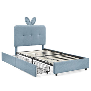 English Elm Twin Kids Boucle Upholstered Bed Rabbit Ear Headboard Led Lighting Four Storage Drawers Navy W1413P384922