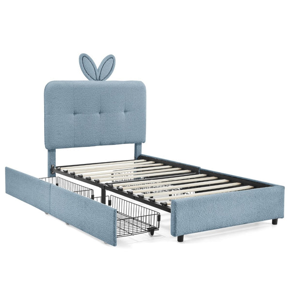 English Elm Twin Kids Boucle Upholstered Bed Rabbit Ear Headboard Led Lighting Four Storage Drawers Navy W1413P384922