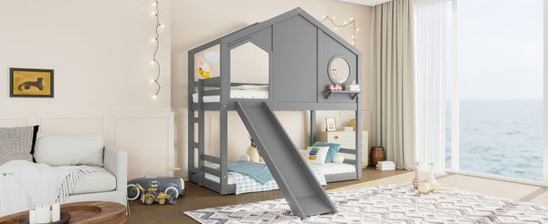 English Elm Full Bunk Bed with Trundle Bookshelf Storage Pine Frame Car Design for Kids Gray W1580S00465