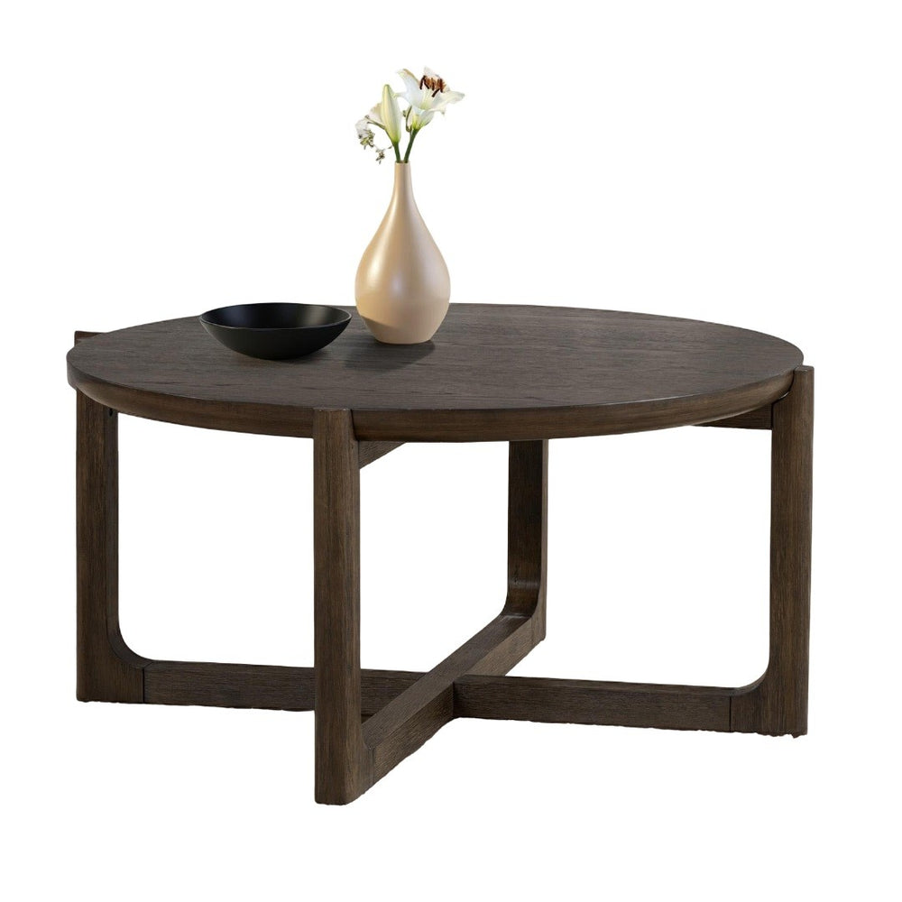 English Elm Transitional 42" Round Cocktail Table - Dark Walnut Wood Top With Sturdy Trestle Base For Living Rooms B2741P404267-GIGA
