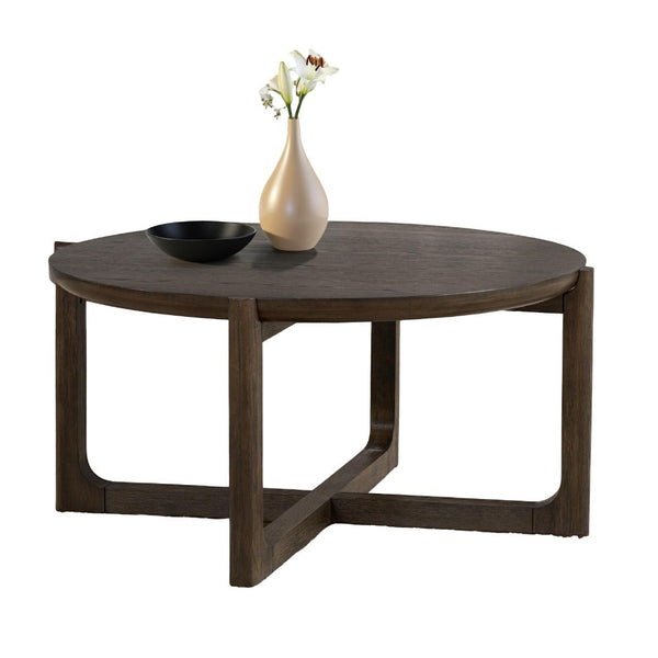 English Elm Transitional 42" Round Cocktail Table - Dark Walnut Wood Top With Sturdy Trestle Base For Living Rooms B2741P404267-GIGA
