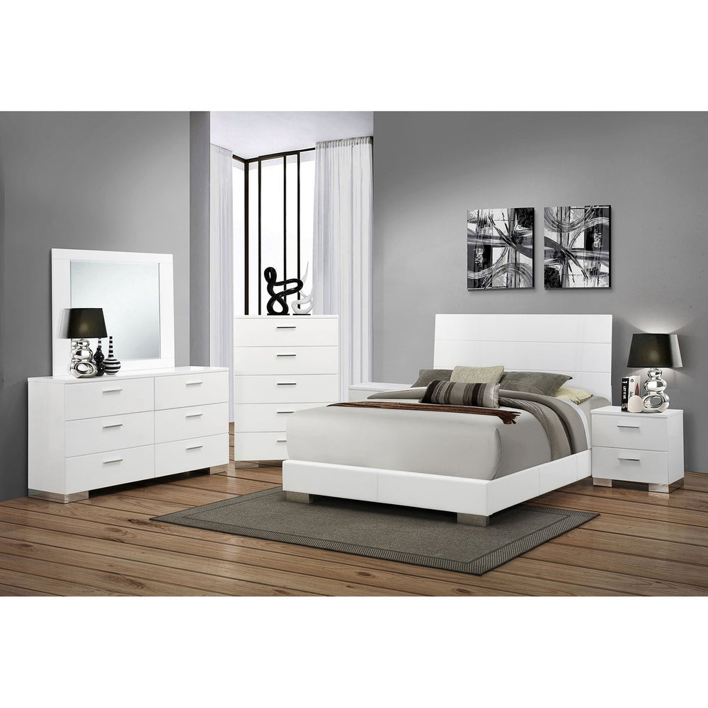English Elm August Modern Glossy White 6-Piece Bedroom Set With Polished Chrome Accents For Stylish Storage Solutions B062S00965