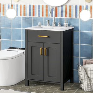 English Elm 24"Bathroom Luxurious Space-Saving Vanity with Ceramic Sink, Solid Wood Frame, Soft-Close Doors and Storage Black N729P183716B