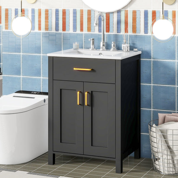 English Elm 24"Bathroom Luxurious Space-Saving Vanity with Ceramic Sink, Solid Wood Frame, Soft-Close Doors and Storage Black N729P183716B