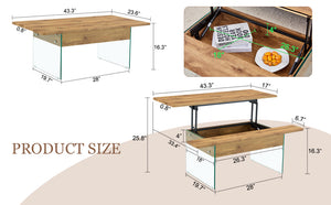 English Elm Multifunctional Lift Top Coffee Table with Tempered Glass Legs, Ergonomic Storage and Durable MDF Finish Natural Wood,Transparent W2920P226073