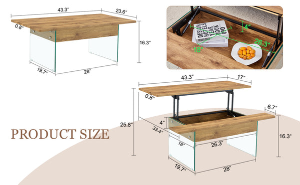 English Elm Multifunctional Lift Top Coffee Table with Tempered Glass Legs, Ergonomic Storage and Durable MDF Finish Natural Wood,Transparent W2920P226073