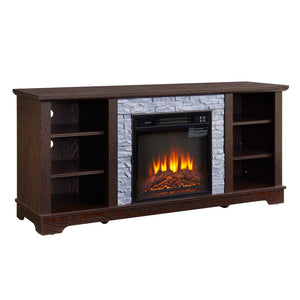 English Elm Faux Stacked Stone TV Media Stand with 18" Fireplace Insert, Cherry Finish, 65" TV Fit, Ample Storage and Cable Management W1758S00016