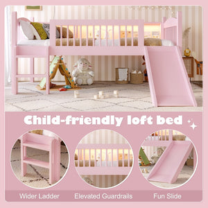 English Elm Twin Low Loft Bed Solid Pine Frame with Built-in Led Lighting and Storage Shelves Pink W1580P395929