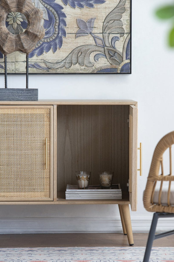 English Elm 47.2x15.2x30.7" Brown Wooden Accent TV Cabinet with Rattan Doors, Pine & MDF, Mid-Century Storage Elegance W2078P179278