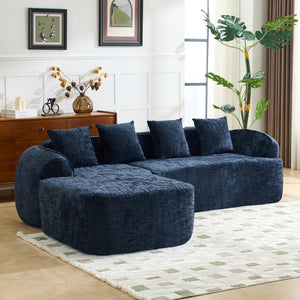 English Elm Beige Chenille L-shaped Sectional Sofa with Chaise Deep Seating and Curved Armrests Dark Blue W3612S00031