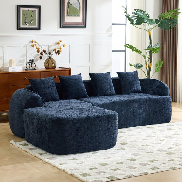 English Elm Beige Chenille L-shaped Sectional Sofa with Chaise Deep Seating and Curved Armrests Dark Blue W3612S00031