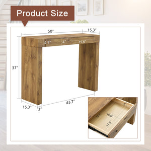 English Elm Elegant Natural Wood Grain Bar Table with Two Drawers, 50" Long, Ergonomic 37" Height, Sturdy MDF Design, Smooth Finish, Adjustable Non-Slip Feet W2920P225015