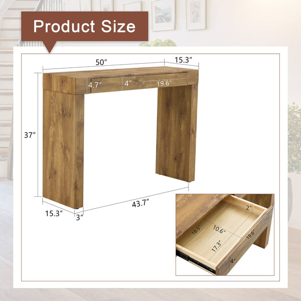 English Elm Elegant Natural Wood Grain Bar Table with Two Drawers, 50" Long, Ergonomic 37" Height, Sturdy MDF Design, Smooth Finish, Adjustable Non-Slip Feet W2920P225015