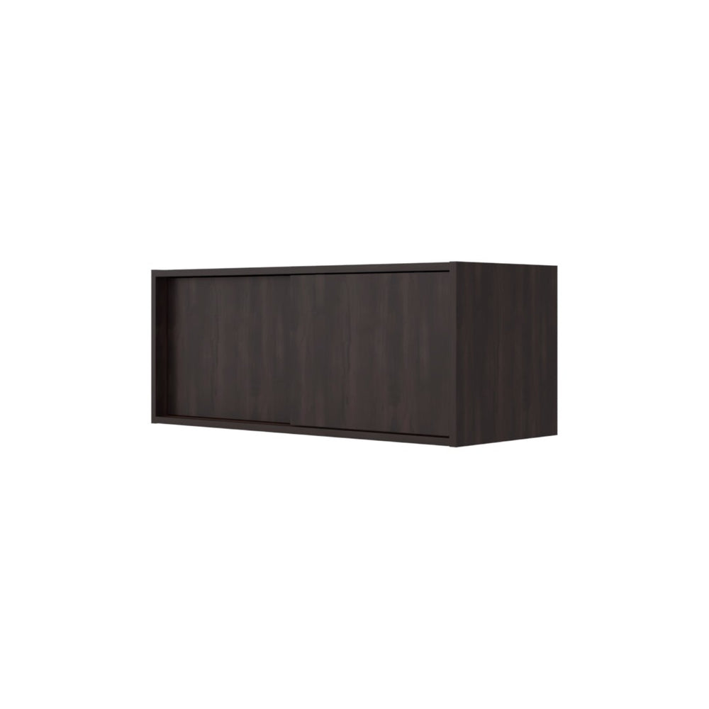 English Elm Stained Walnut Floating Wall Cabinet with Sliding Door and Open Display Shelves B062P476872
