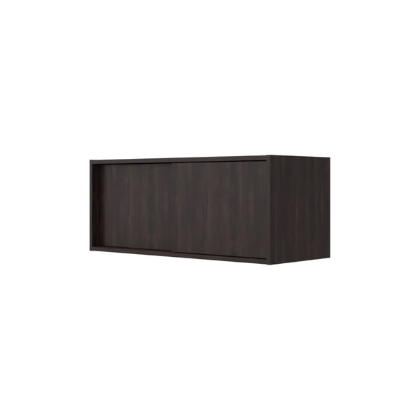 English Elm Stained Walnut Floating Wall Cabinet with Sliding Door and Open Display Shelves B062P476872