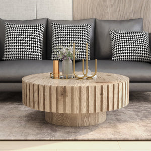 English Elm Modern Minimalist Circular Coffee Table 31.4'' - Natural Wood Finish, Durable & Versatile Design W1727P251152