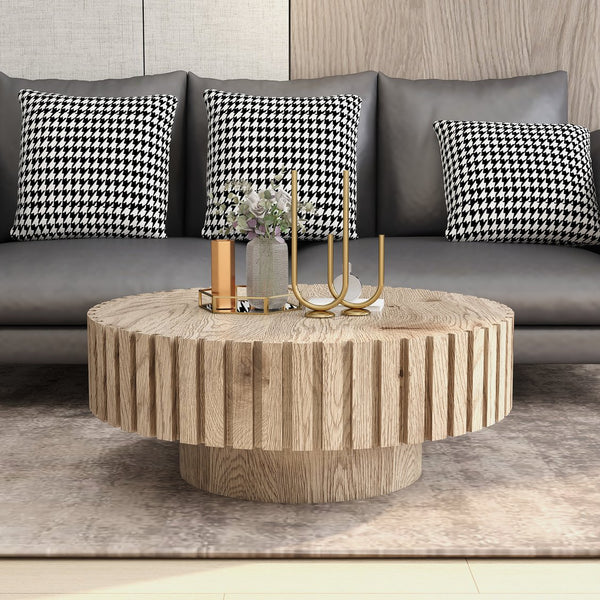 English Elm Modern Minimalist Circular Coffee Table 31.4'' - Natural Wood Finish, Durable & Versatile Design W1727P251152