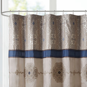 JLA Home Madison Park - Embroidered Jacquard Shower Curtain with Medallion Motif, Color-Blocked Texture & Rust-Resistant Grommets Navy MP70-7543