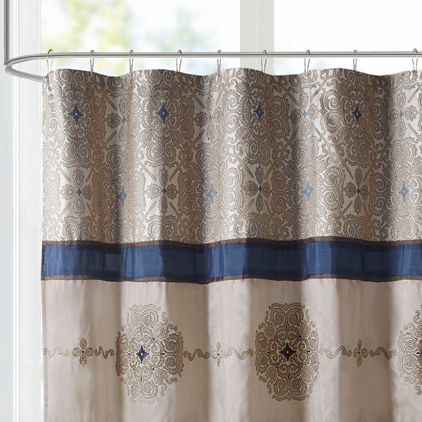 JLA Home Madison Park - Embroidered Jacquard Shower Curtain with Medallion Motif, Color-Blocked Texture & Rust-Resistant Grommets Navy MP70-7543