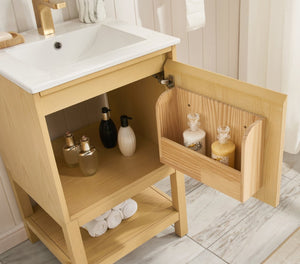 English Elm 20 Inch Ash Wood Bathroom Vanity Pre-assembled with Ceramic Basin and Adjustable Storage W2316P380501