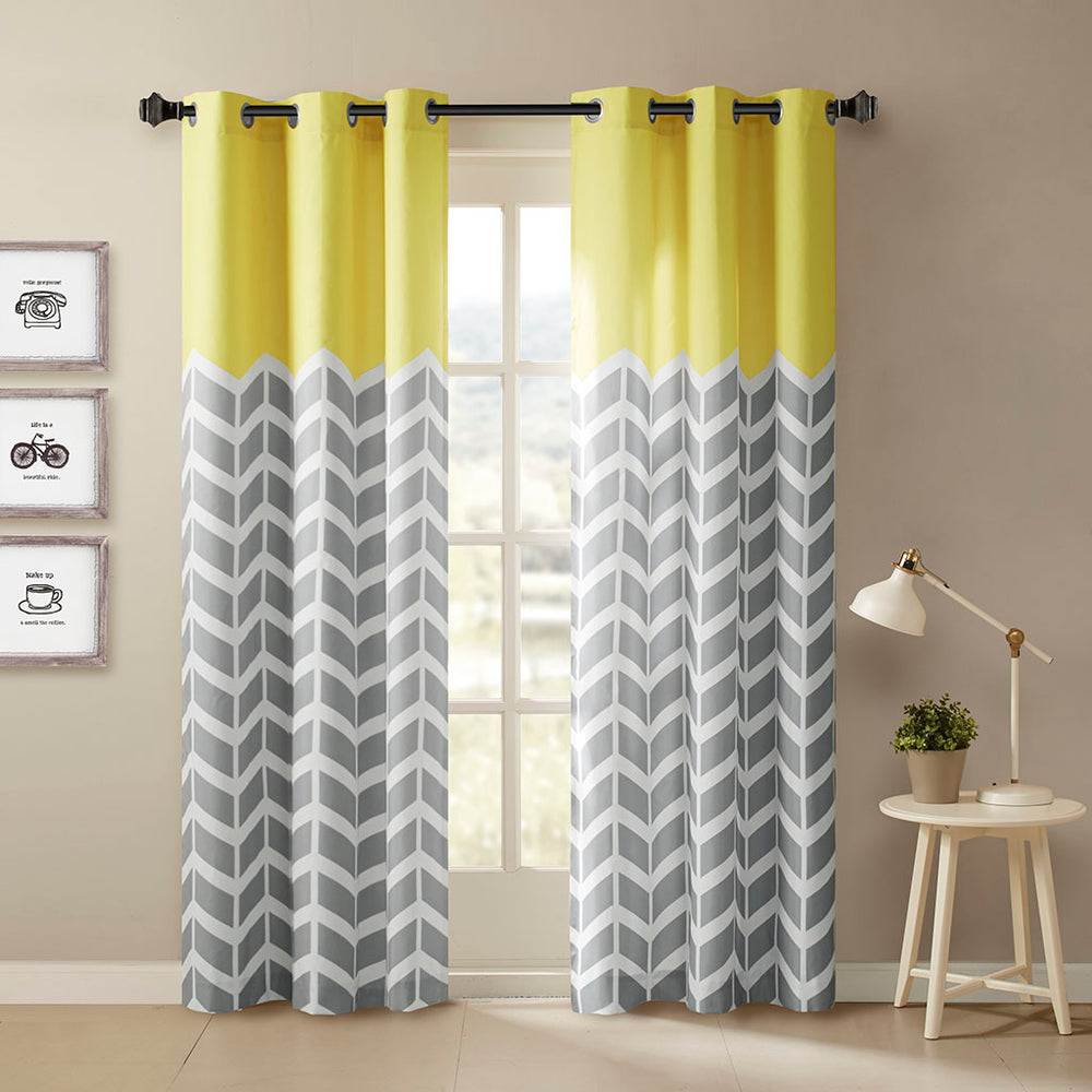 JLA Home Intelligent Design - Chevron Soft Microfiber Room-Darkening Grommet Curtains with Noise-Reducing Chevron Print Panels Yellow ID40-554