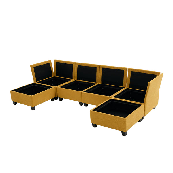 English Elm UNITED Modular 6-Seat Sectional Sofa with Removable Ottoman, Storage Compartments, Convertible Comfort Mustard yellow W1568S00247