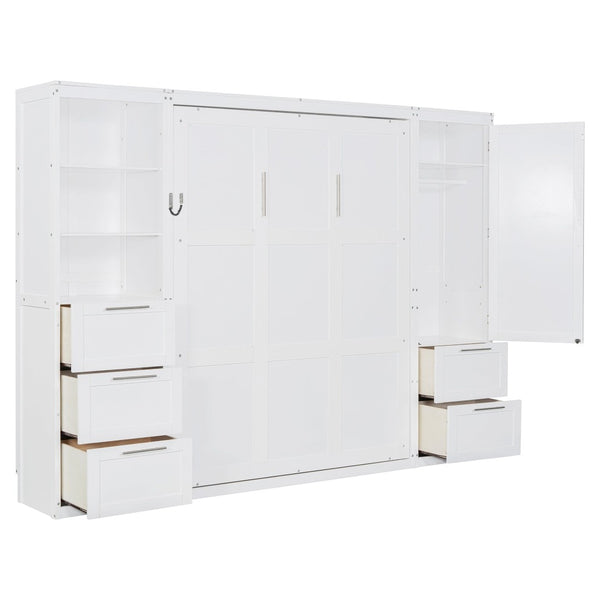 English Elm Queen Murphy Wall Bed with Wardrobe Drawers and Shelves for Studio or Guest Room White LP000865AAK-2