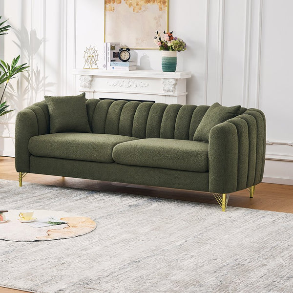 English Elm 85" Oversized Chenille Sofa Luxury 3-Seater Deep Tufted Couch with Gold Metal Legs and Pillows Green W3373S00055