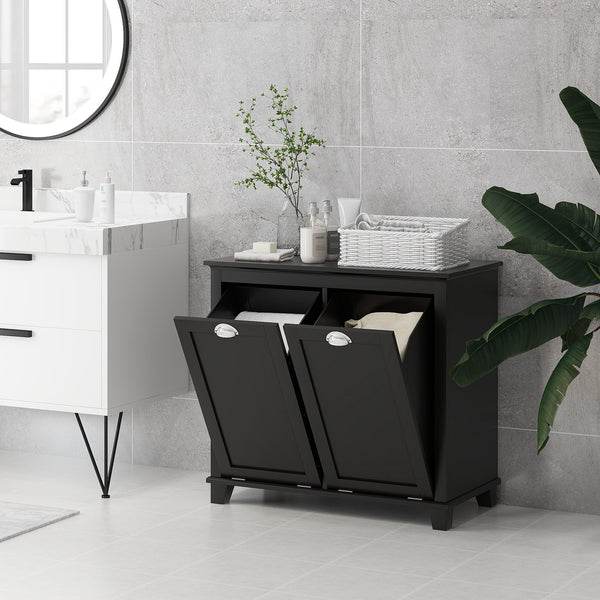 English Elm HOMCOM Modern Dual Tilt-Out Laundry Hamper Cabinet with 2 Compartments, Water-Resistant MDF, Black W2225P200452