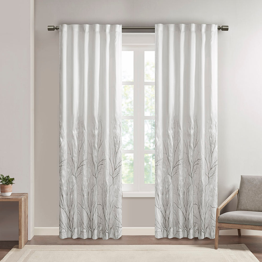 JLA Home Madison Park - Curtain embroidered faux silk panel with tree branch motif, lined for privacy and elegant drape White MP40-718