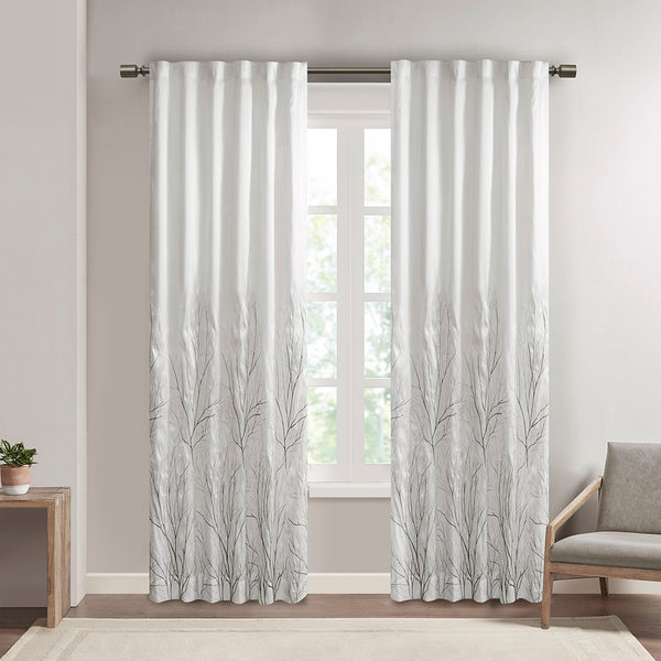 JLA Home Madison Park - Curtain embroidered faux silk panel with tree branch motif, lined for privacy and elegant drape White MP40-718
