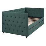 English Elm Twin Size Tufted Upholstered Daybed With Trundle, Velvet Sofabed With Rivet Design, No Box-Spring Needed,Green