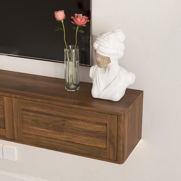 English Elm Floating Wall Mounted Tv Shelf with Led Backlight Gloss Cabinet and Built in Power Strip Wood W1321P391261
