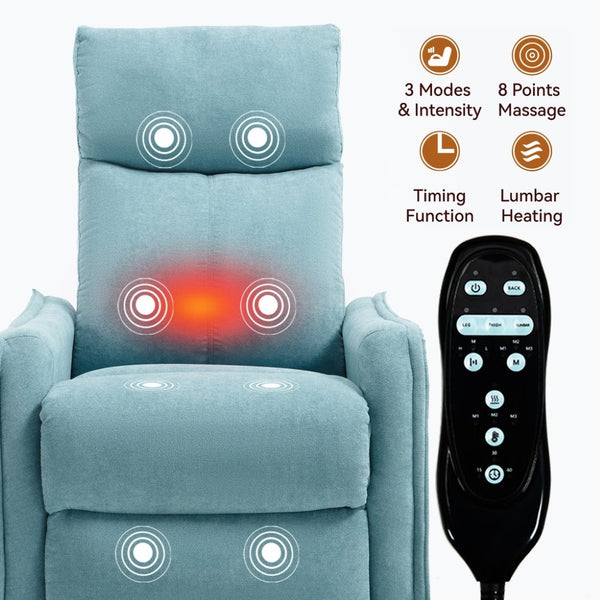 English Elm Heat Massage Rocker Swivel Recliner Fabric Chair with Lumbar Therapy for Living Room Antique Blue Green W1803P362302