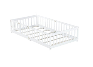 English Elm Twin Low Profile Rubberwood Floor Bed with Full Safety Fence for Toddler Rooms White W504P429270
