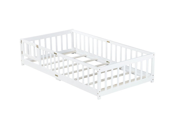 English Elm Twin Low Profile Rubberwood Floor Bed with Full Safety Fence for Toddler Rooms White W504P429270