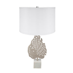 English Elm D15x29.3" Marble Base Table Lamp with Nickel Leaf Accent, White Drum Shade, Modern Accent Light W2078P399243