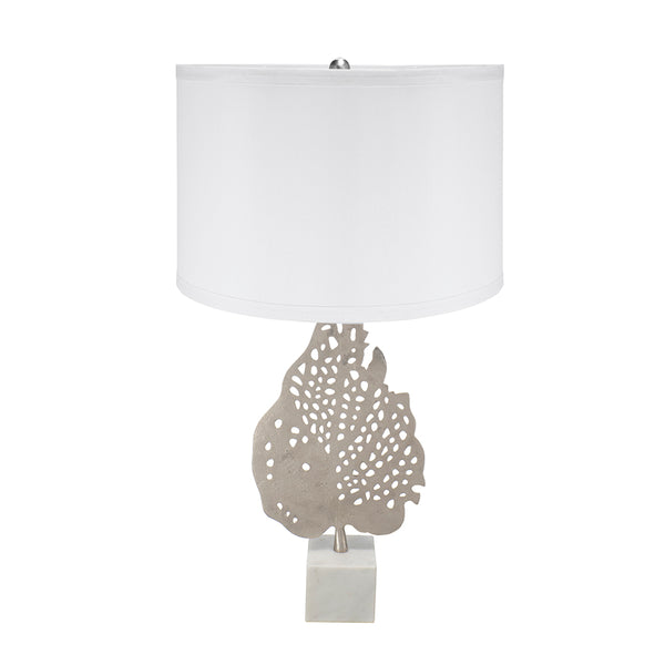 English Elm D15x29.3" Marble Base Table Lamp with Nickel Leaf Accent, White Drum Shade, Modern Accent Light W2078P399243