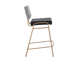 Sunpan Brinley Modern Barstool with Gold Stainless Steel Legs and Chic Black Faux Leather & Grey Fabric Seat Counter Height